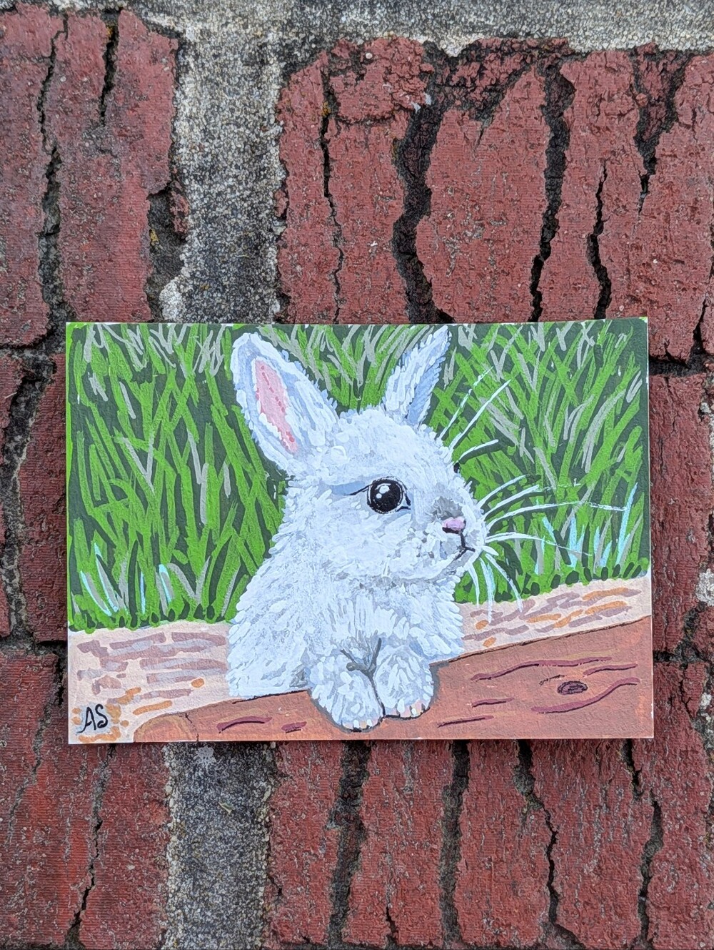 ACEO Original White Woodland Bunny Acrylic Marker Painting Art Card By Art4annz